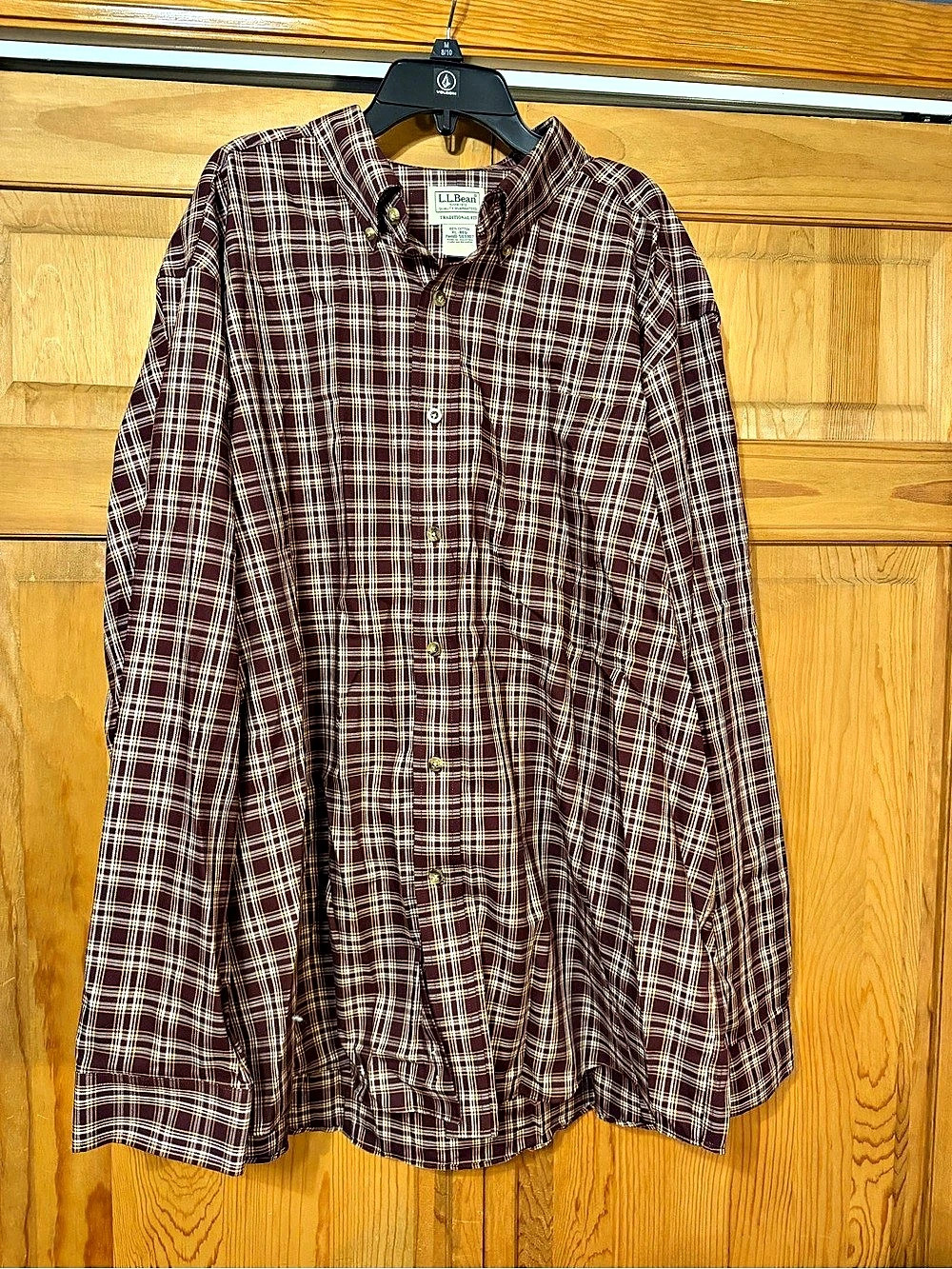 L.L.Bean Traditional Fit Plaid Shirt Brown & White XL